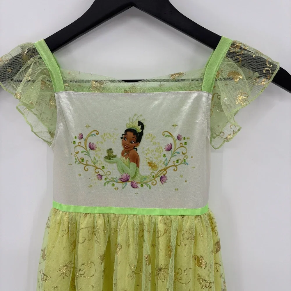 Disney Tiana Nightgown Kids Size 6 Green Yellow Princess Frog Glitter Sleepwear